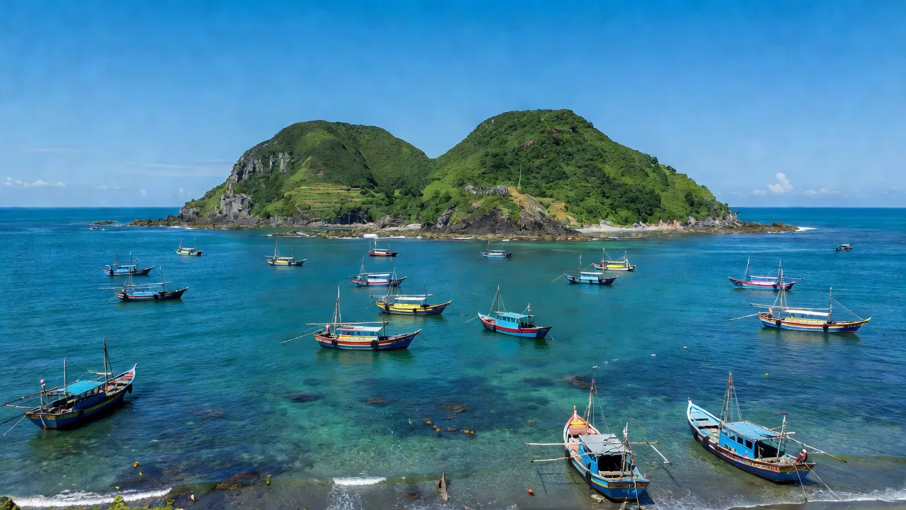 Khung cảnh đẹp của huyện Lý Sơn, Quảng Ngãi với biển xanh và núi xanh tươi sáng.