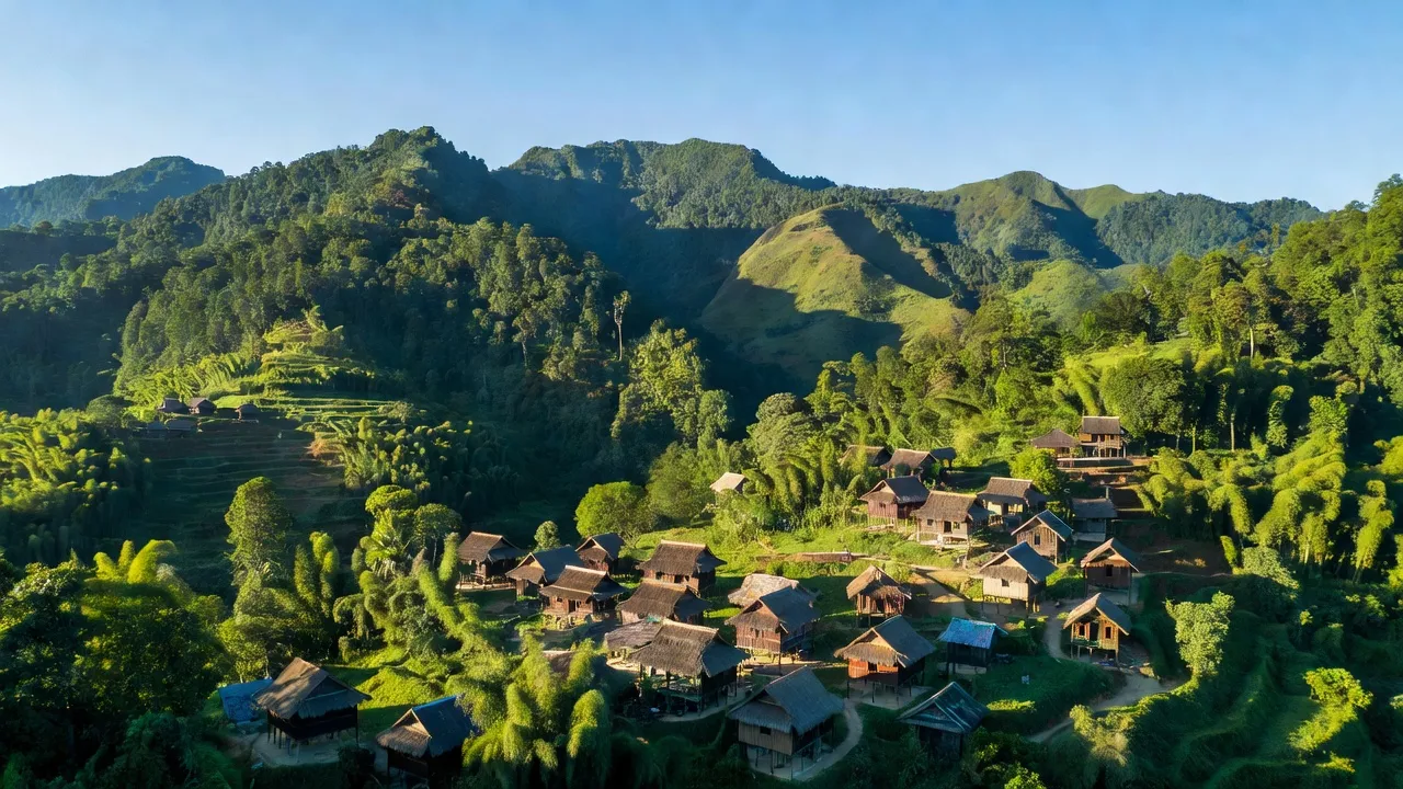 Khung cảnh huyện Minh Long, Quảng Ngãi với núi xanh, rừng rậm và làng H’Rê truyền thống.