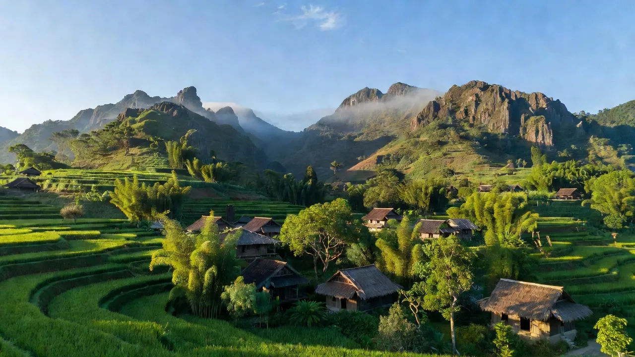 Khung cảnh huyện Minh Long, tỉnh Quảng Ngãi, núi cao, nhà dân tộc H'Re giữa thiên nhiên xanh mát.