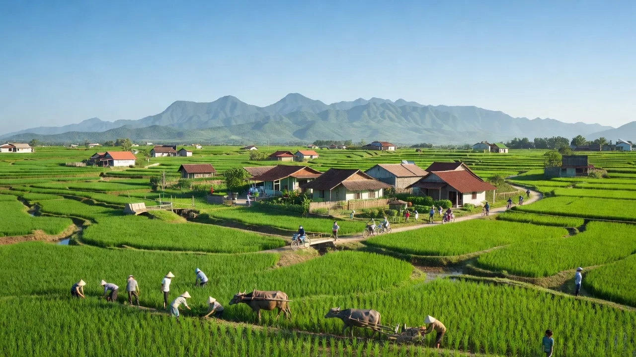 Nghĩa Hành, Quảng Ngãi showcasing rural landscape with rice fields, traditional homes, and mountains.