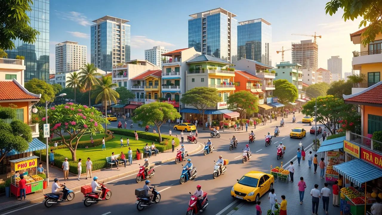 Quang Ngai city, modern urban center of Quang Ngai province with bustling streets and greenery.