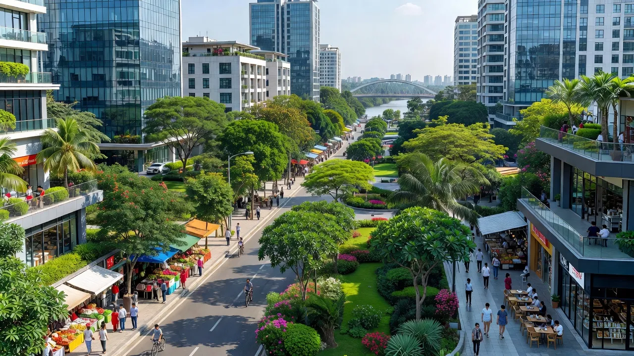 Thành phố Quảng Ngãi, tỉnh Quảng Ngãi với kiến trúc hiện đại và không gian xanh trong khu vực đô thị.
