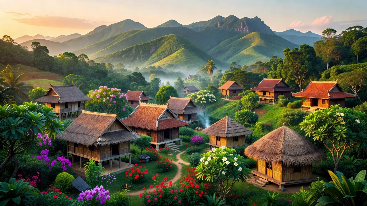 Cảnh đẹp huyện Sơn Hà, Quảng Ngãi với núi non, nhà truyền thống và cây cối xanh tươi.