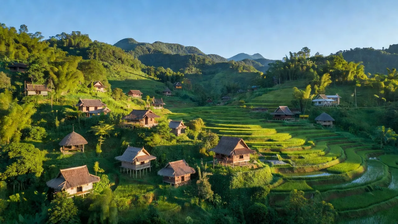 Quang cảnh Huyện Sơn Tây, Quảng Ngãi với núi xanh, nhà truyền thống, và bầu trời sáng.