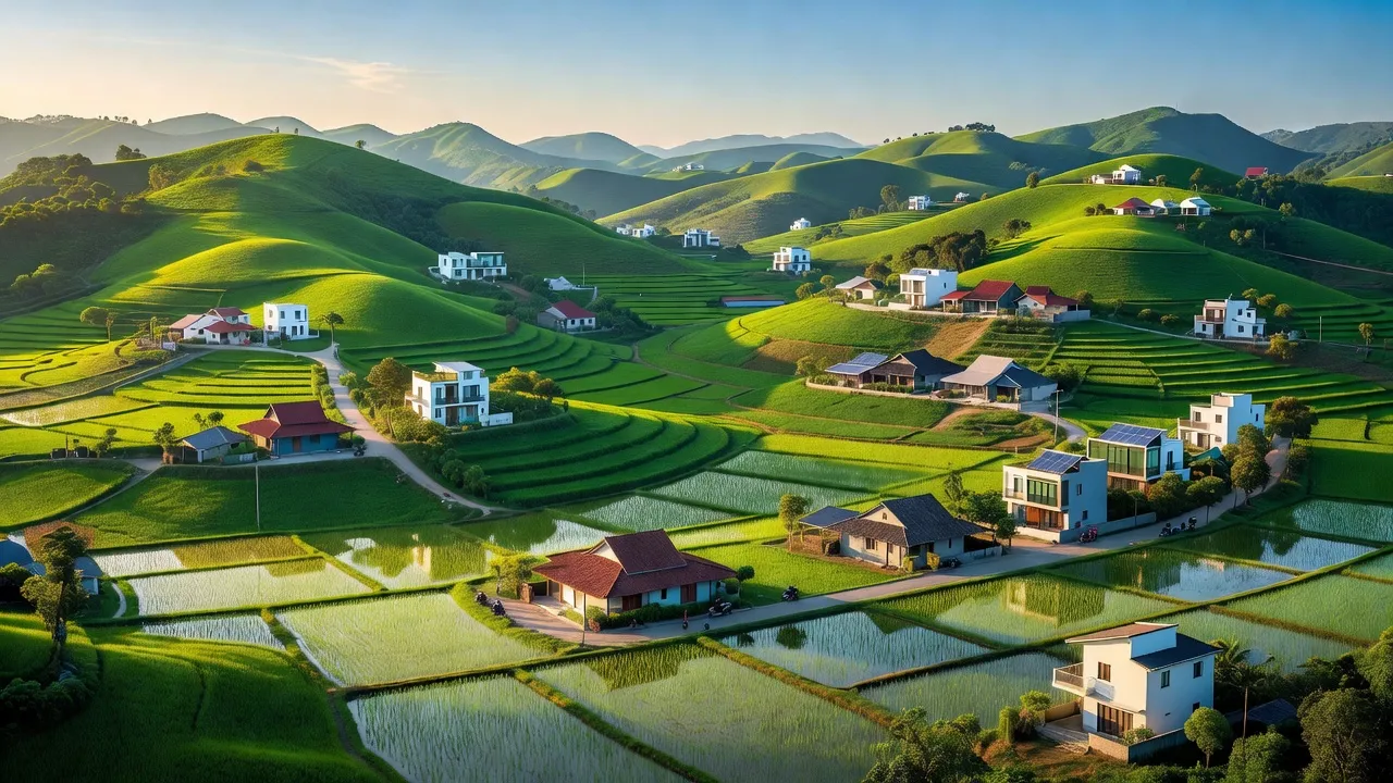Cảnh quan huyện Sơn Tịnh, tỉnh Quảng Ngãi, với các ngọn đồi và cánh đồng lúa xanh. Natural beauty.