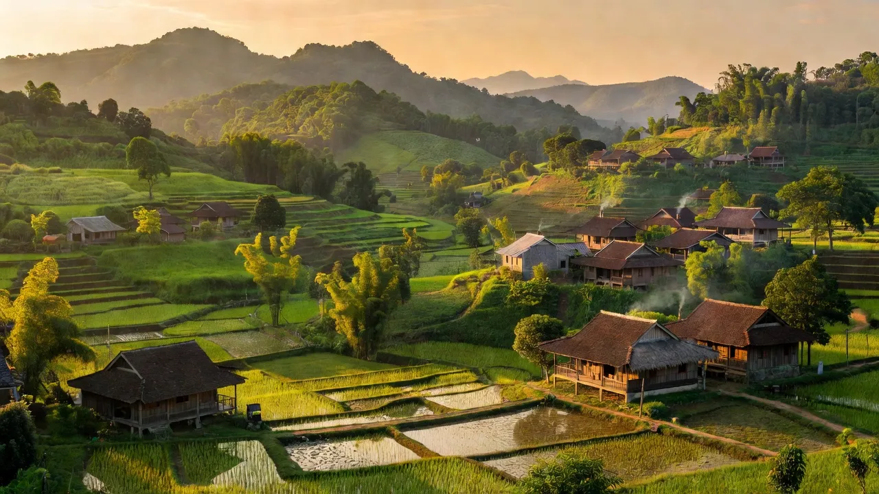 Cảnh quan huyện Trà Bồng, tỉnh Quảng Ngãi với núi xanh và không khí yên bình, thiên nhiên hoang sơ.