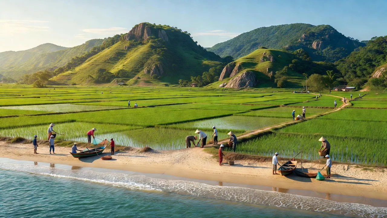 Khung cảnh đẹp Quảng Ngãi với biển, đồng bằng và đồi núi, thể hiện bản sắc địa phương.