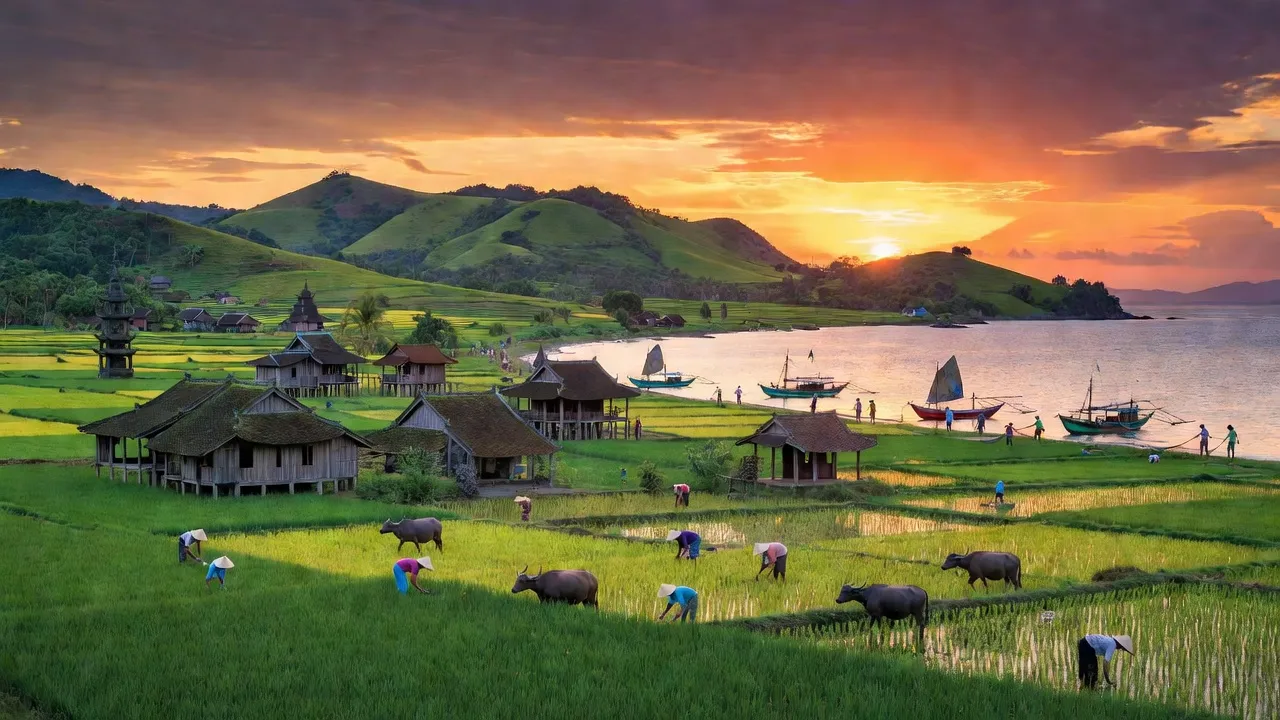 Khung cảnh tỉnh Quảng Ngãi với biển, đồng bằng, đồi núi và người dân địa phương làm nông nghiệp.