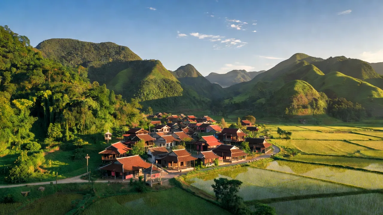 Khung cảnh núi non trữ tình huyện Ba Chẽ, Quảng Ninh với thung lũng yên bình và bầu không khí trong lành.