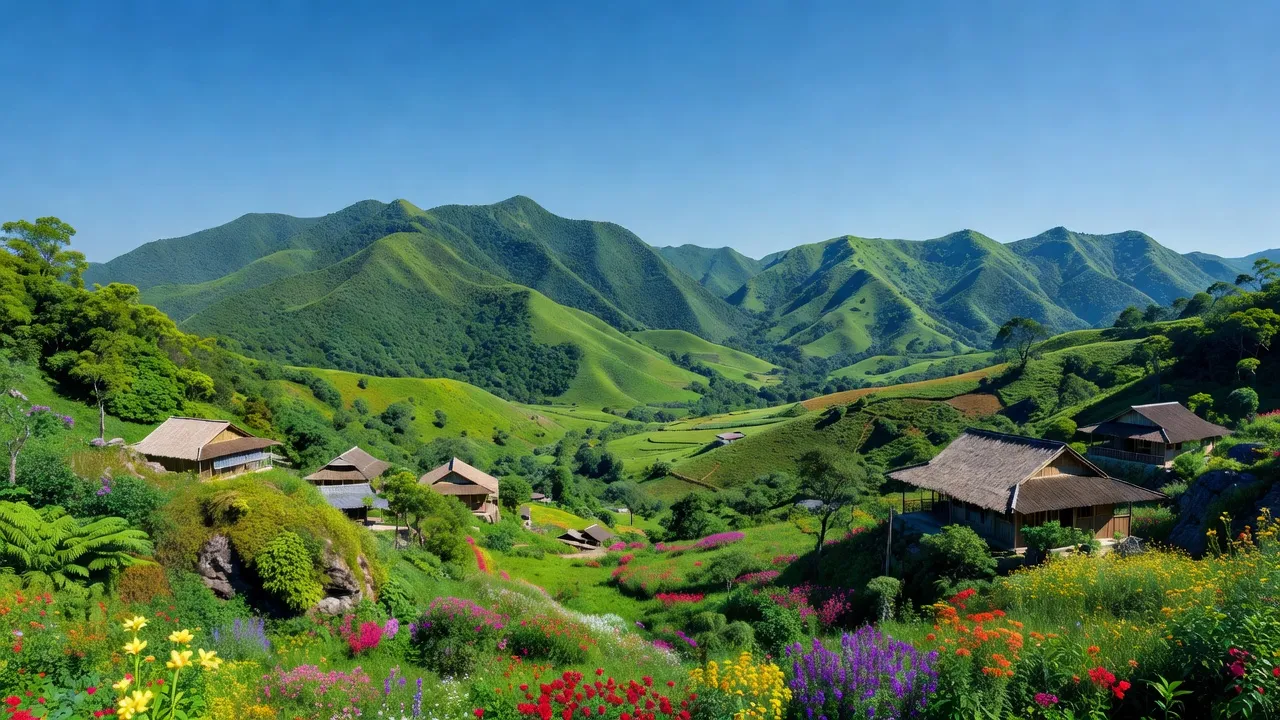 Cảnh quan Bình Liêu, Quảng Ninh với núi non xanh tươi và nhà truyền thống, thể hiện du lịch sinh thái.