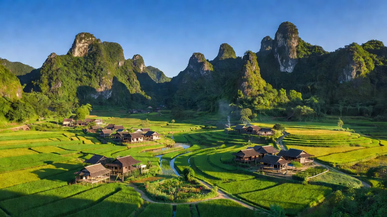 Khung cảnh huyện Bình Liêu, Quảng Ninh với đồi núi và thung lũng xanh tươi, du lịch sinh thái.