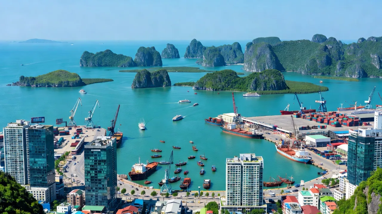 Cẩm Phả city in Quảng Ninh, featuring coastline, small islands, and urban landscape.