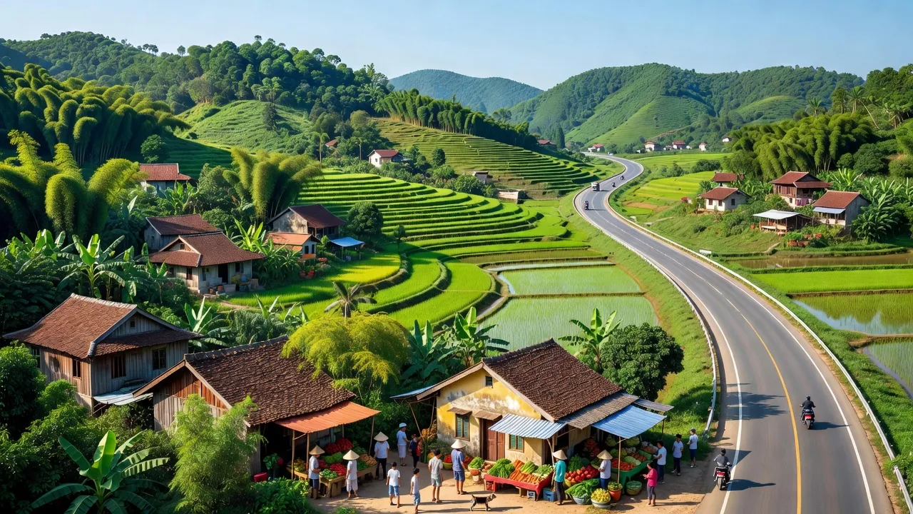 Khung cảnh đẹp huyện Đầm Hà, tỉnh Quảng Ninh với đường quốc lộ 18 và thiên nhiên tươi đẹp.