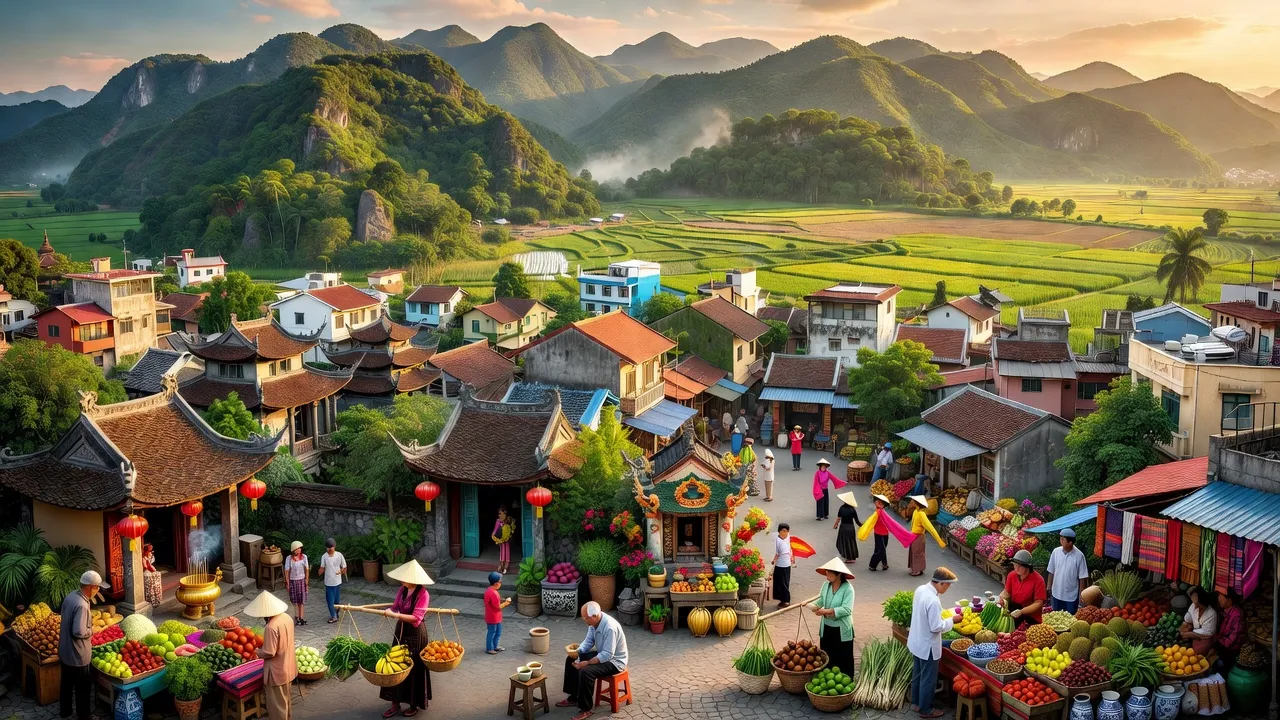 Khung cảnh thành phố Đông Triều, Quảng Ninh với núi, đồng bằng và hoạt động địa phương sôi động.