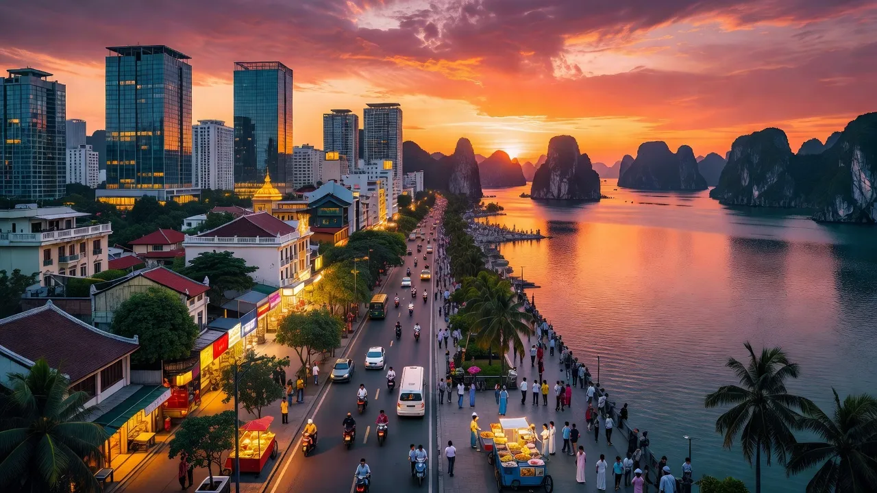Thành phố Hạ Long, tỉnh Quảng Ninh với phong cảnh đẹp, kiến trúc hiện đại và vịnh Hạ Long.