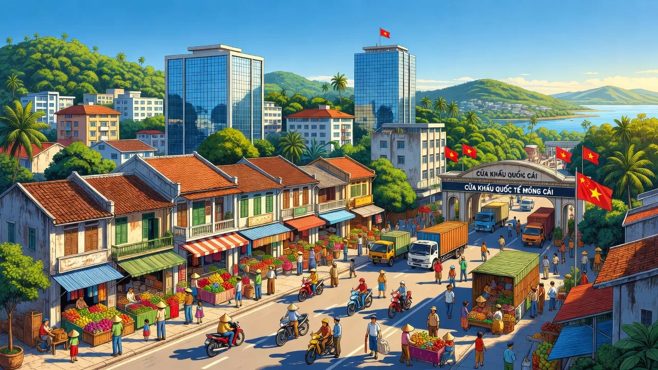 Thành phố Móng Cái, Quảng Ninh, đô thị loại II, cảnh quan urban, kinh tế sôi động, khí hậu đặc trưng.