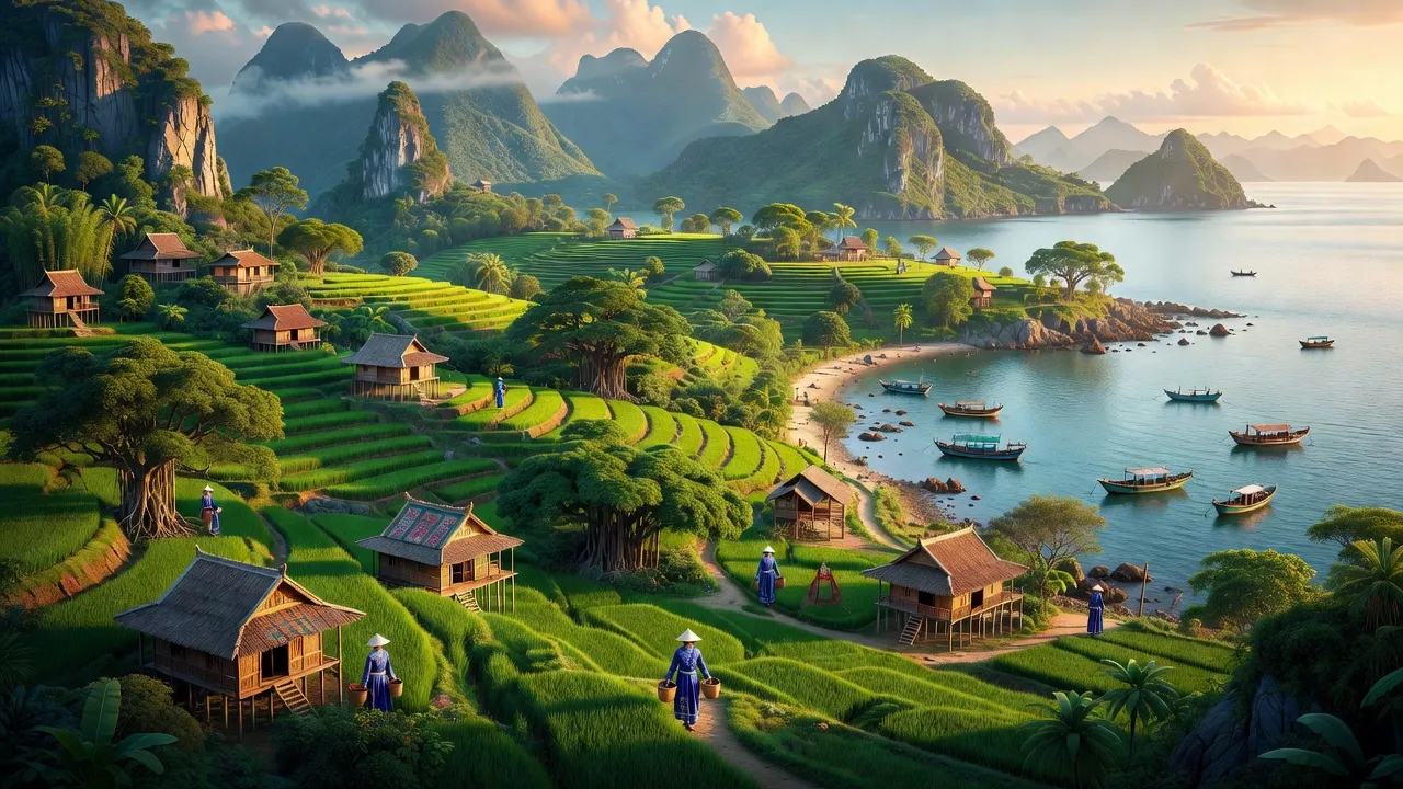Cảnh quan huyện Tiên Yên, Quảng Ninh, với núi và bờ biển, phản ánh văn hóa đa dạng.