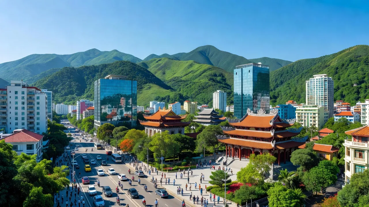 Thành phố Uông Bí, Quảng Ninh, với cảnh quan núi non, kiến trúc hiện đại và không khí trong lành.