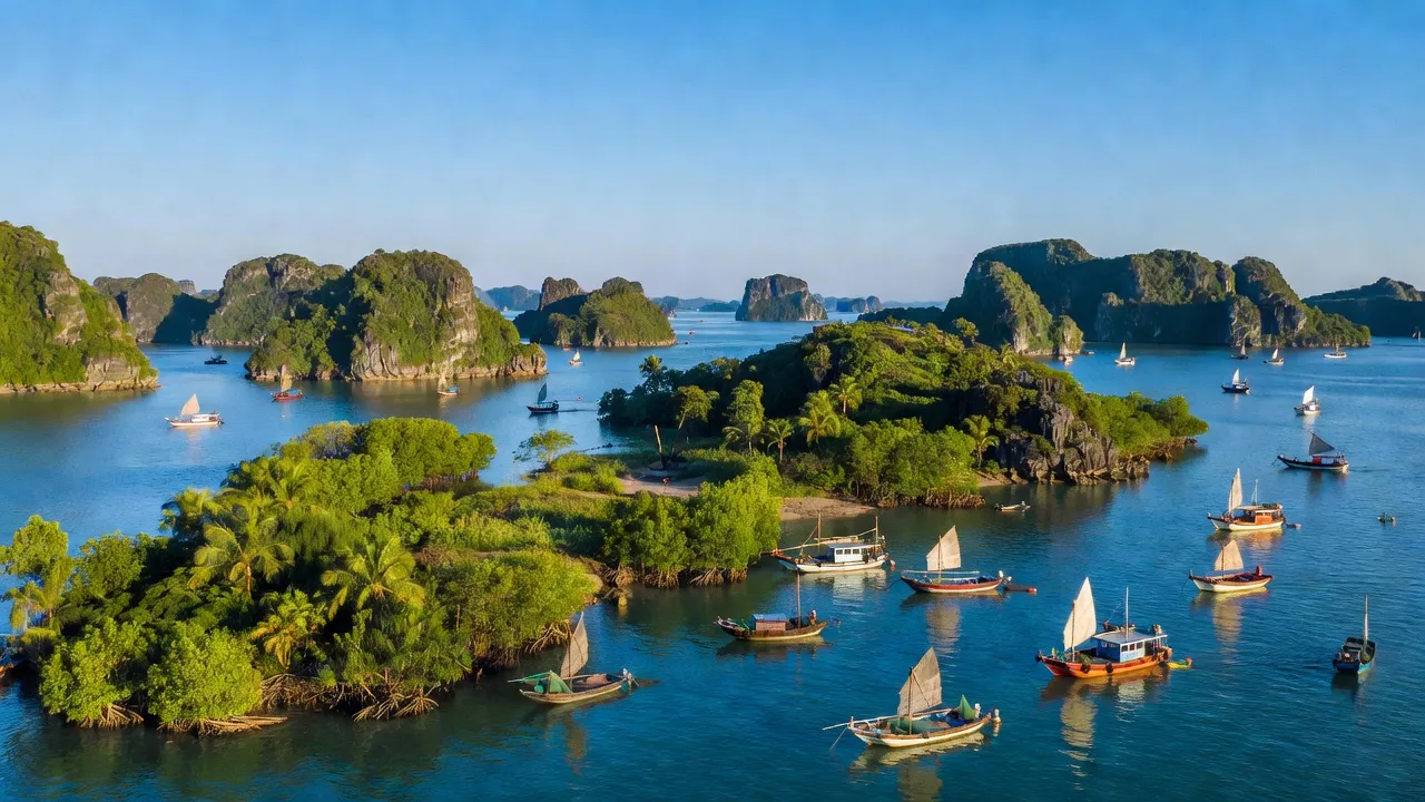 Vẻ đẹp tự nhiên của huyện Vân Đồn Quảng Ninh, đảo xanh, nước trong, thuyền đánh cá, du lịch.