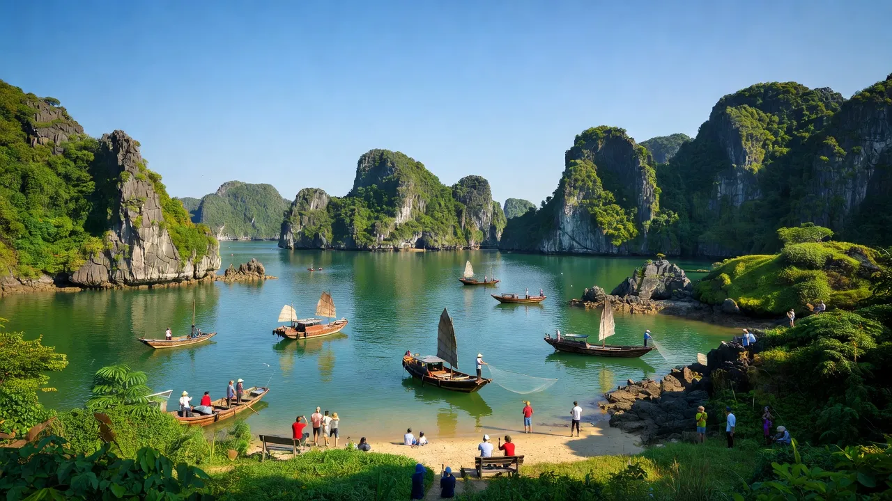 Khung cảnh nổi bật của Quảng Ninh, Việt Nam, với vịnh Hạ Long và các hòn đảo đá vôi.