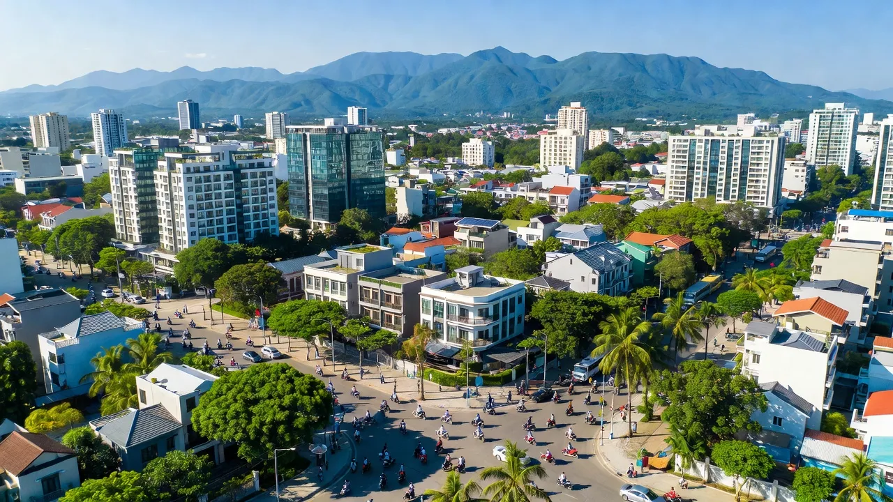 Cảnh quan thành phố Đông Hà, Quảng Trị với đô thị hiện đại, đường phố nhộn nhịp và thiên nhiên xung quanh.