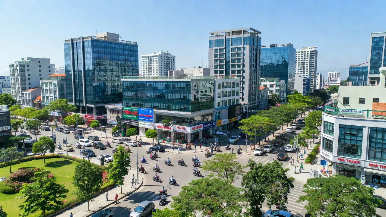 Thành phố Đông Hà, Quảng Trị, trung tâm hành chính năng động với cây xanh và đường phố nhộn nhịp.
