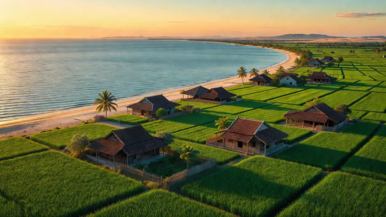 Huyện Gio Linh, Quảng Trị với bờ biển xanh, cánh đồng xanh và nhà truyền thống, Việt Nam.