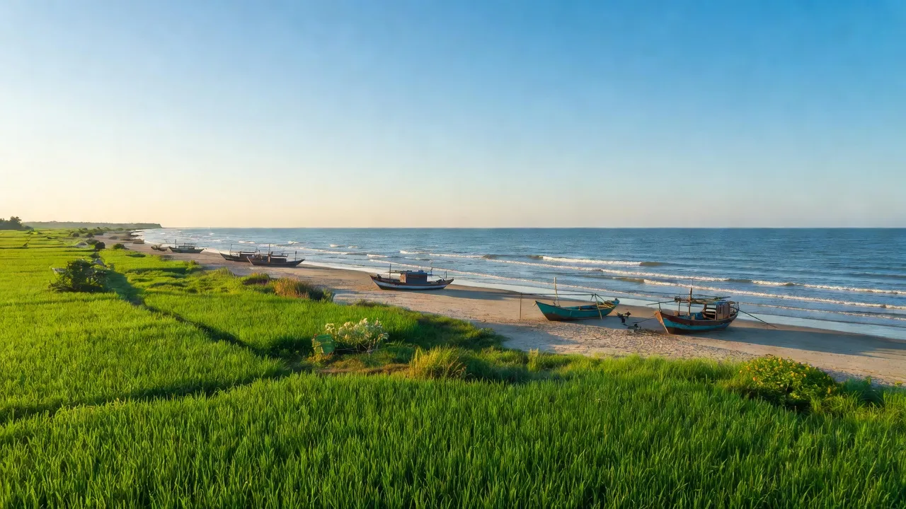 Khung cảnh ven biển Huyện Gio Linh, Quảng Trị với cánh đồng xanh và thuyền đánh cá.