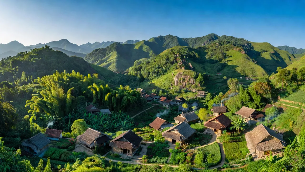 Hướng Hóa, Quảng Trị with mountainous landscape, traditional houses, and clear blue sky, showcasing border region beauty.