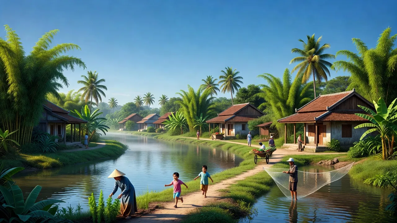 Khung cảnh thị xã Quảng Trị, sông Thạch Hãn và kiến trúc Việt Nam truyền thống, thiên nhiên tươi đẹp.