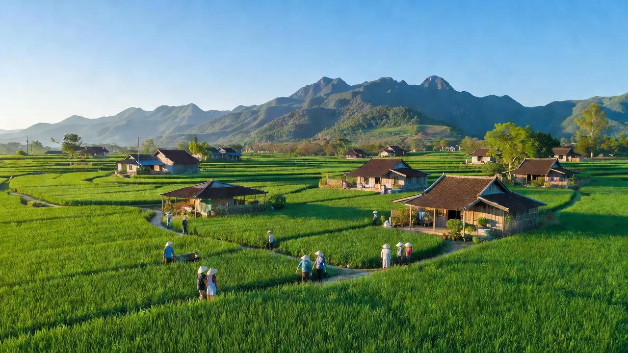 Cảnh quan huyện Triệu Phong Quảng Trị, đồng ruộng xanh tươi, núi non hùng vĩ, kiến trúc truyền thống.