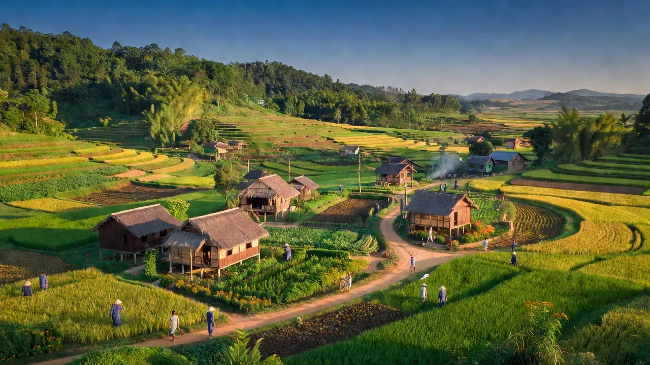 Khung cảnh thiên nhiên huyện Triệu Phong Quảng Trị với rừng xanh và đồng ruộng, nhà truyền thống.