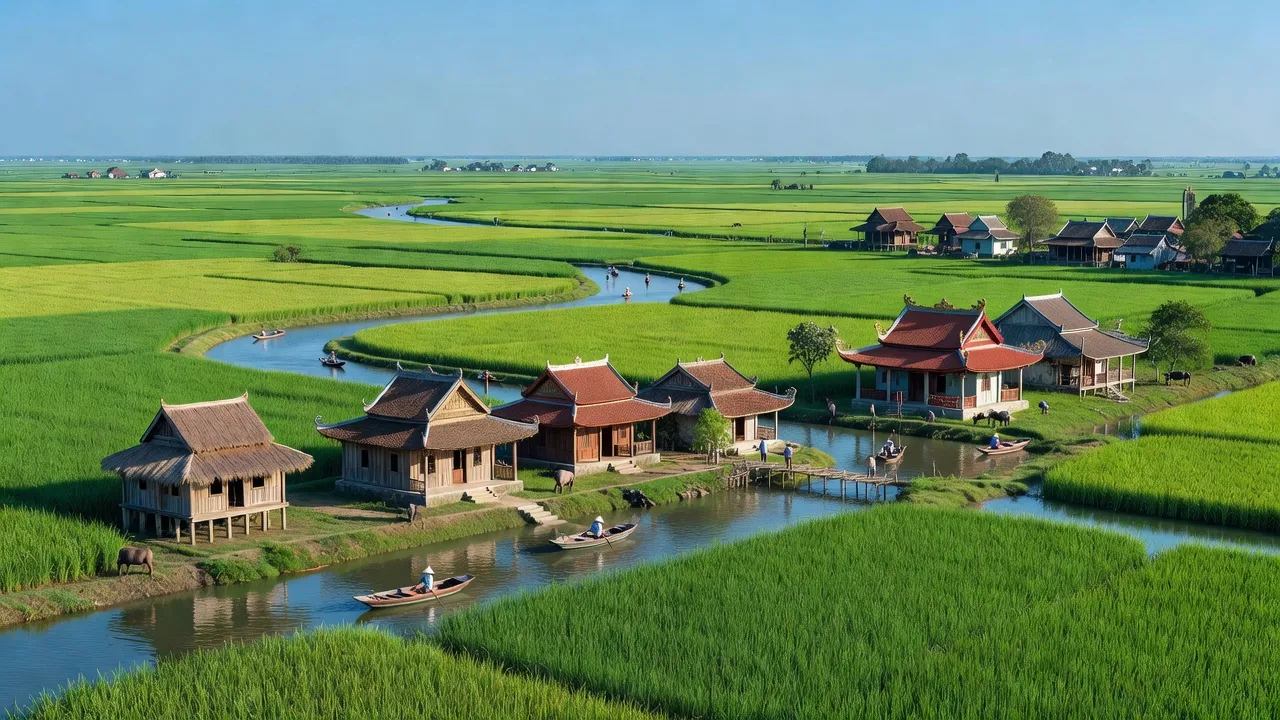 Landschaft Châu Thành, Sóc Trăng mit ruộng xanh, nhà truyền thống và dòng sông, văn hóa đa dạng.