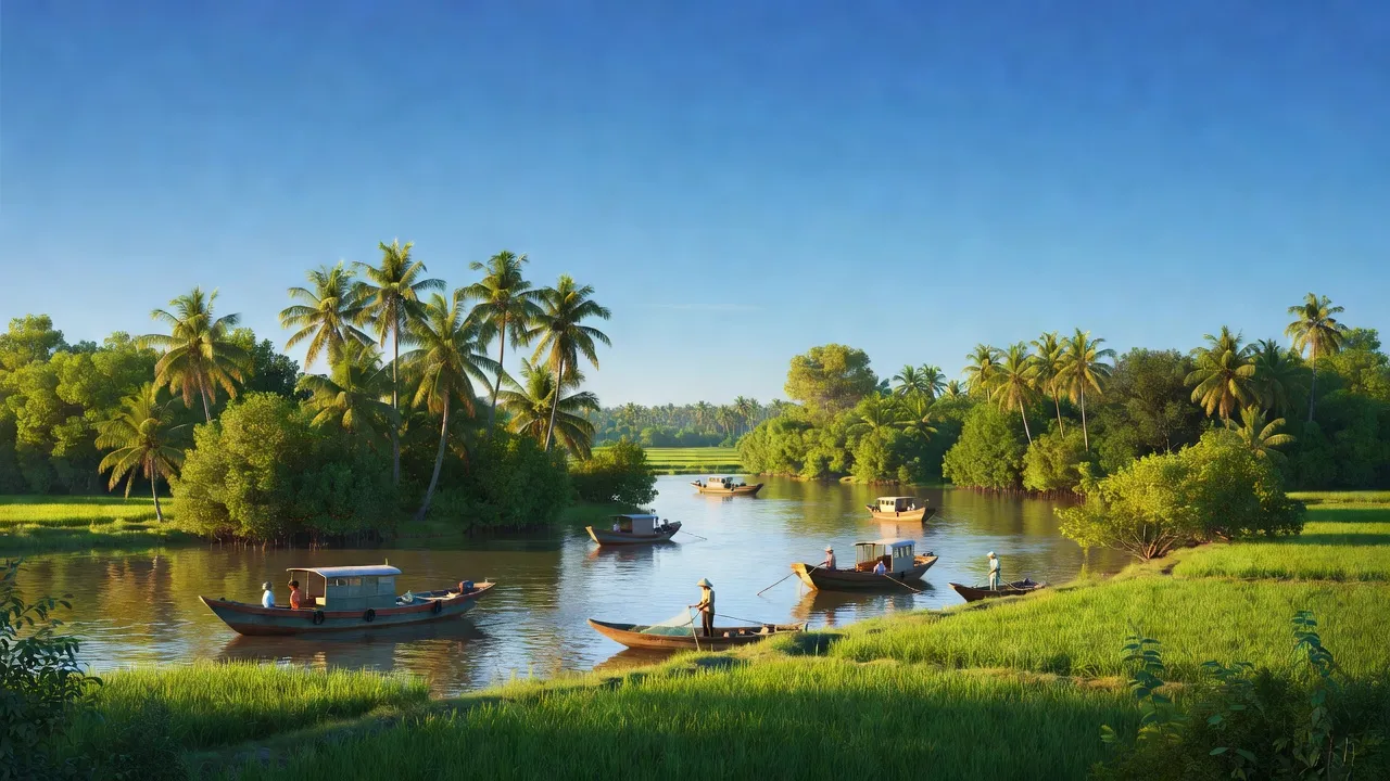Cảnh huyện Cù Lao Dung, Sóc Trăng với dòng sông, cánh đồng xanh mát và hoạt động đánh cá.
