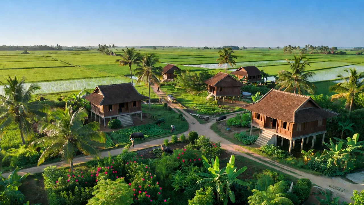 Khung cảnh huyện Kế Sách, tỉnh Sóc Trăng với vườn cây xanh tươi và nhà truyền thống.