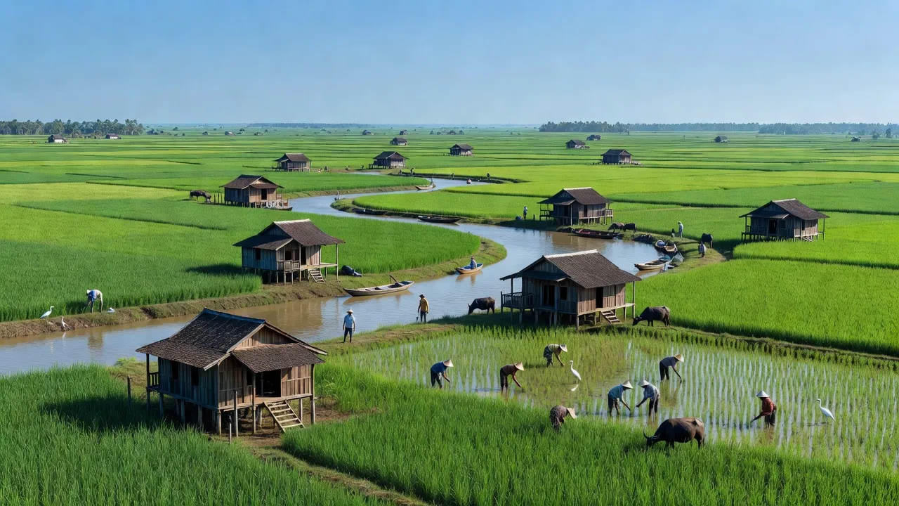 Cảnh đẹp huyện Long Phú, Sóc Trăng với đồng lúa xanh và cuộc sống nông dân sôi động.
