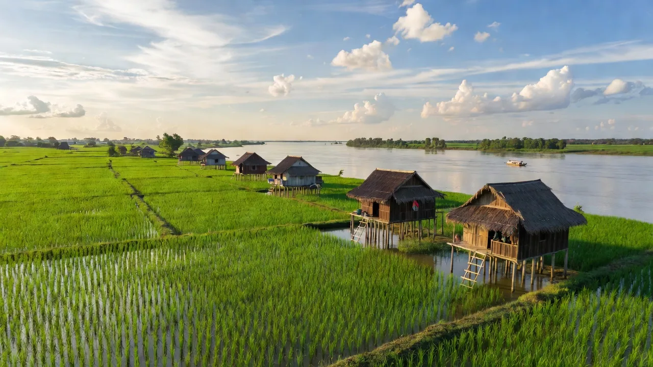 Khung cảnh thanh bình huyện Long Phú, Sóc Trăng với cánh đồng xanh và sông Cửu Long.