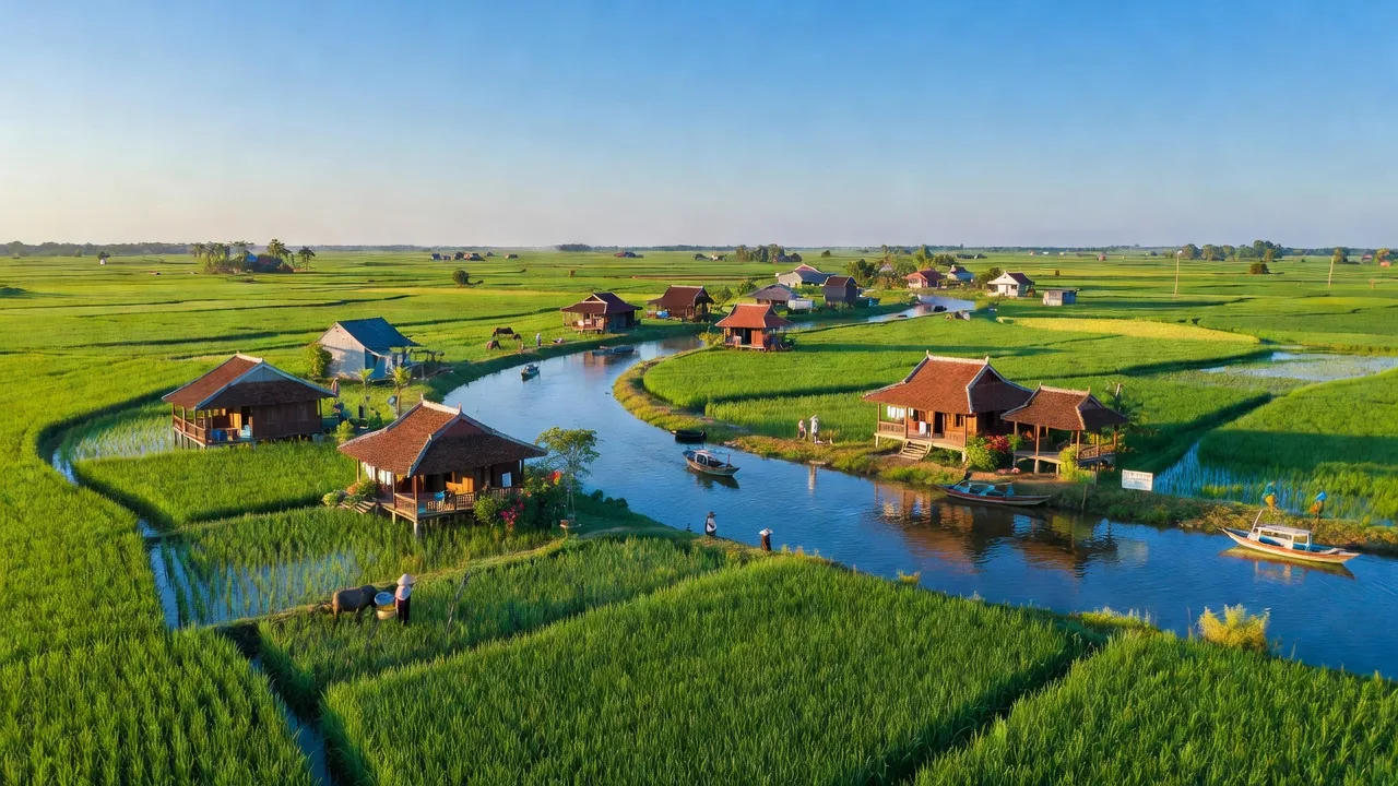 Cảnh đẹp huyện Mỹ Tú, tỉnh Sóc Trăng với cánh đồng lúa và dòng sông Hậu.