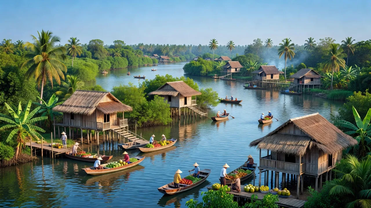 Khung cảnh thị xã Ngã Năm, Sóc Trăng với sông xanh và nhà truyền thống, thể hiện đời sống địa phương.