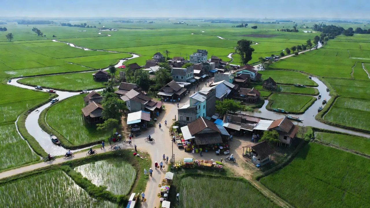 Khung cảnh thiên nhiên thị xã Ngã Năm, tỉnh Sóc Trăng với cánh đồng xanh và dòng sông uốn lượn.
