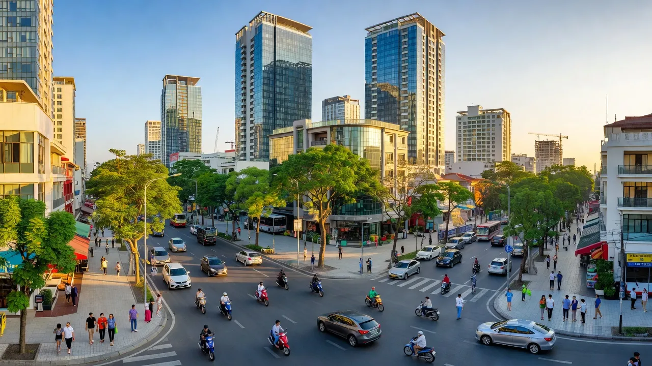 Thành phố Sóc Trăng với cảnh trời sáng, tòa nhà hiện đại và không khí nhộn nhịp, thể hiện sự phát triển.