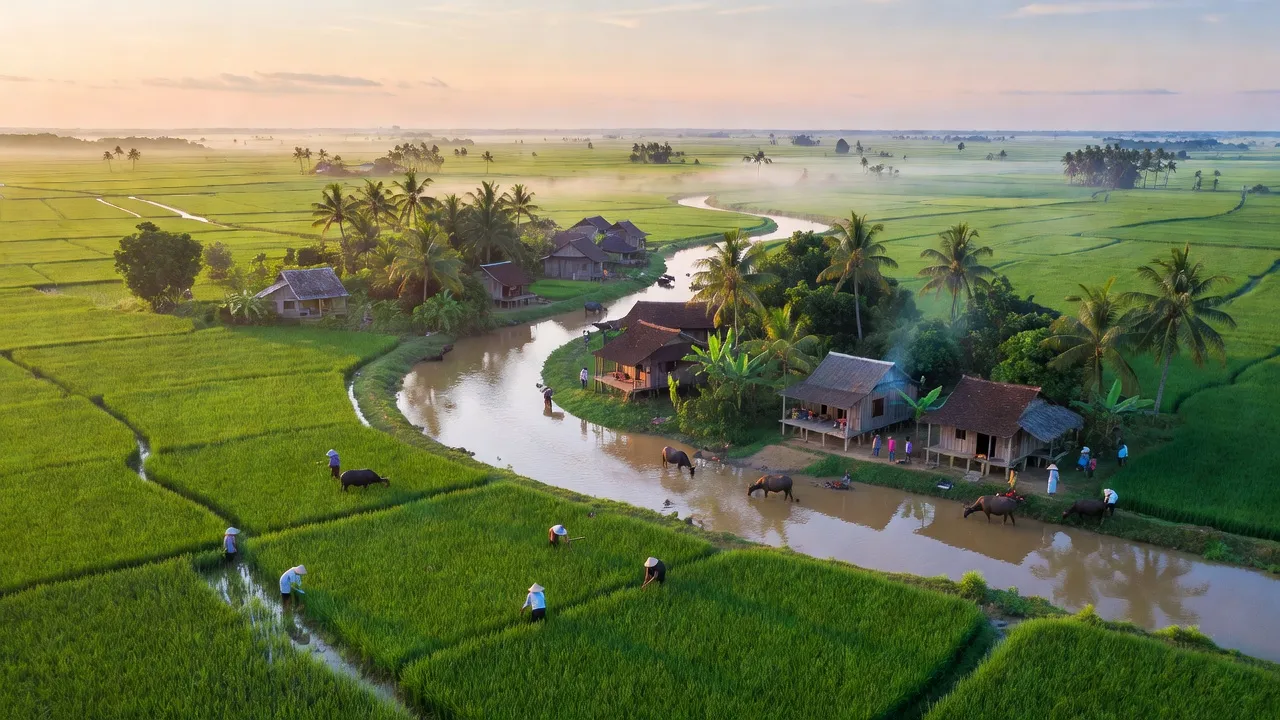 Khung cảnh huyện Thạnh Trị, Sóc Trăng với cánh đồng xanh và dòng sông uốn lượn.