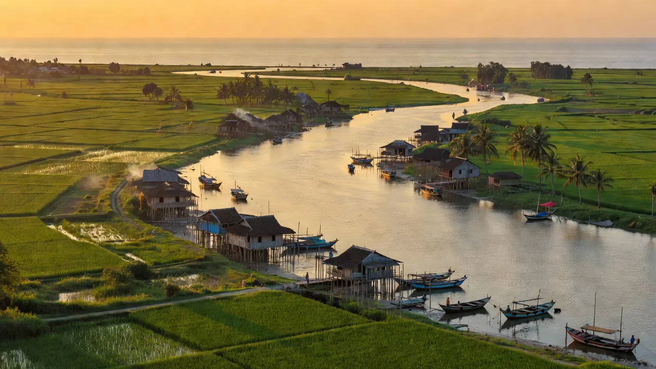 Huyện Trần Đề, Sóc Trăng với bờ biển dài, sông Hậu và cuộc sống nông thôn sôi động.