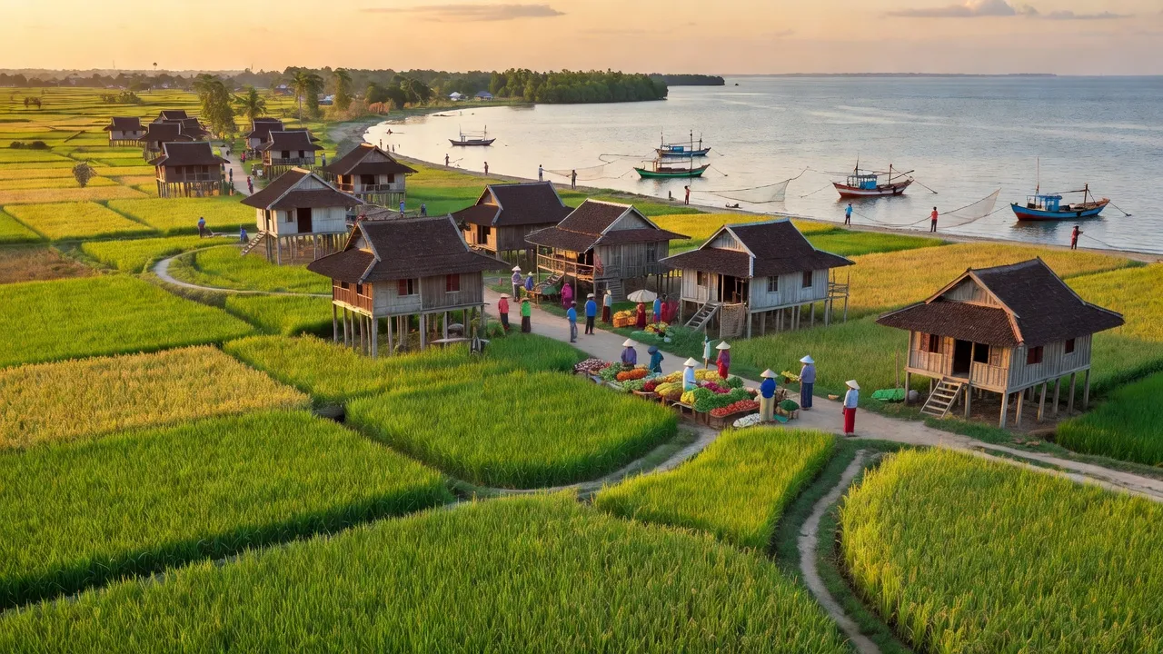 Cảnh quan thị xã Vĩnh Châu, Sóc Trăng với đồng lúa xanh và nhà truyền thống, thể hiện đặc sắc văn hóa.