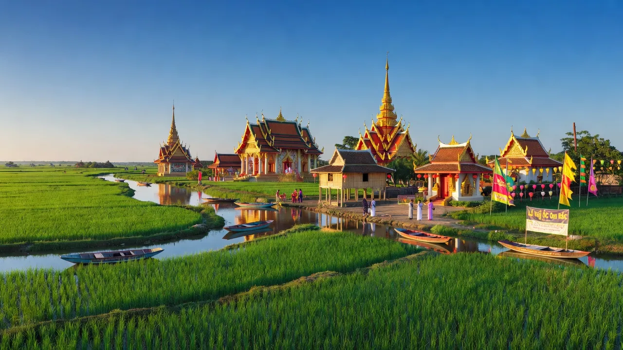Cảnh đẹp tỉnh Sóc Trăng với đồng lúa, chùa Khmer và dòng sông yên bình, thể hiện văn hóa đa dạng.