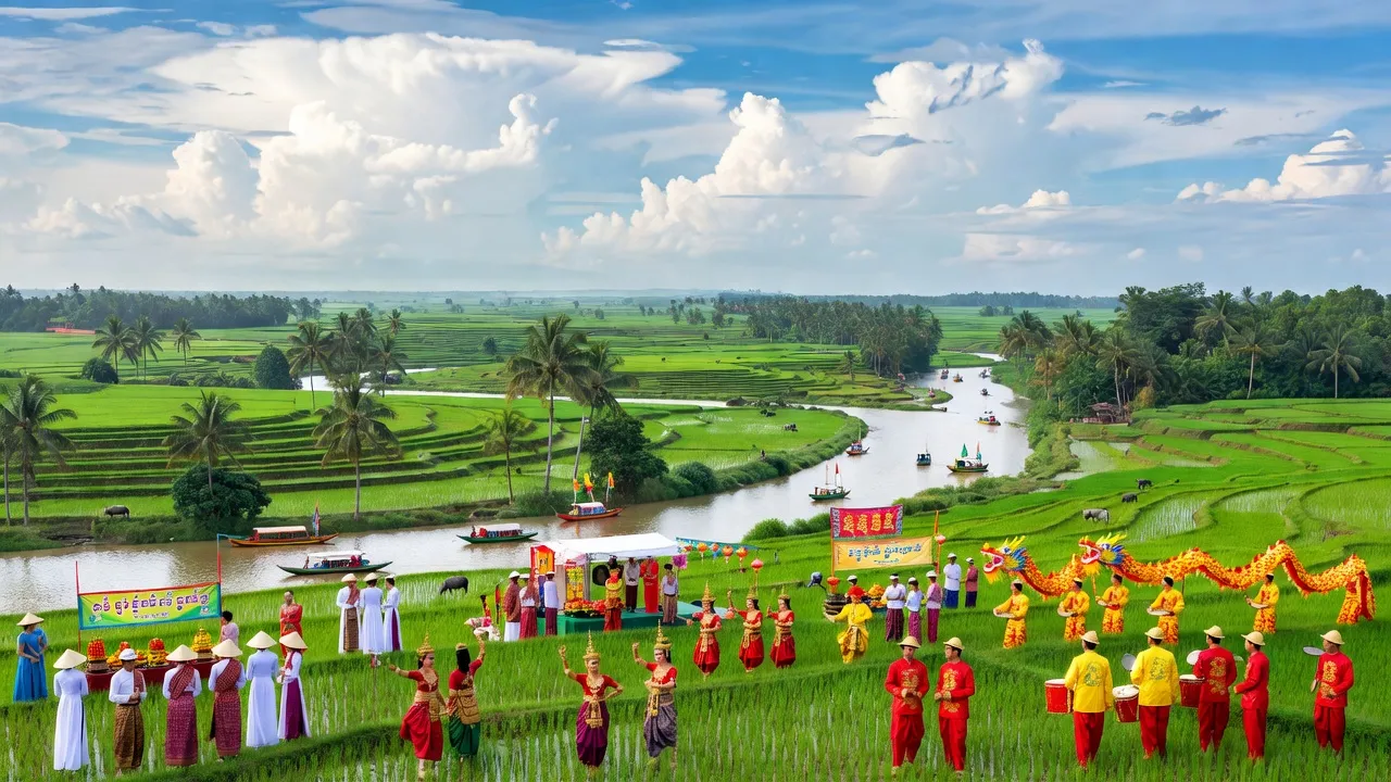 Cảnh đẹp tỉnh Sóc Trăng với đồng lúa xanh, sông nước và lễ hội văn hóa truyền thống, mùa mưa.