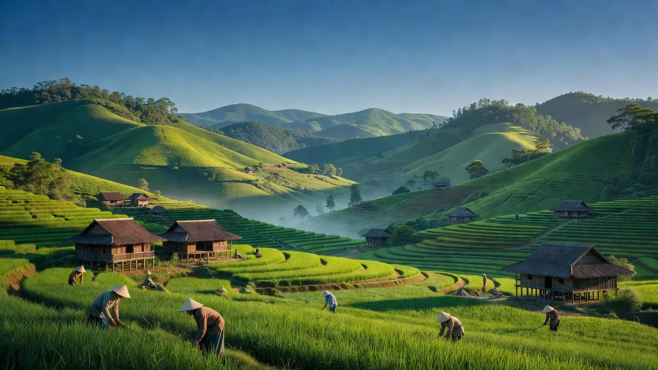 Khung cảnh huyện Mai Sơn, tỉnh Sơn La với đồi núi, thung lũng và cuộc sống địa phương. Scenic Mai Sơn district landscape with hills, valleys, and local life.