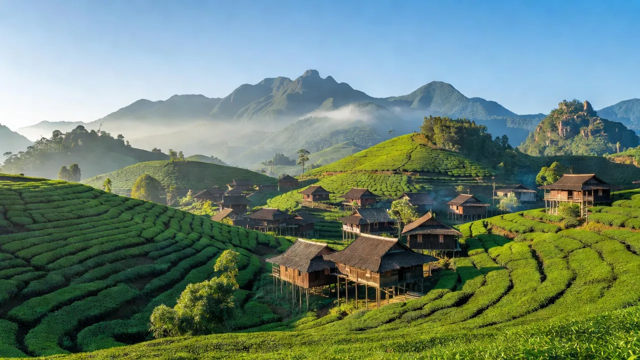 Khung cảnh thơ mộng của thị xã Mộc Châu, Sơn La với đồi chè xanh và núi non hùng vĩ.