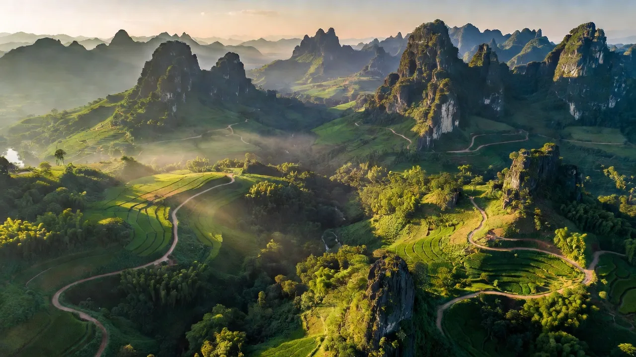 Phong cảnh núi non huyện Mường La, Sơn La, với thung lũng xanh và con đường quanh co.