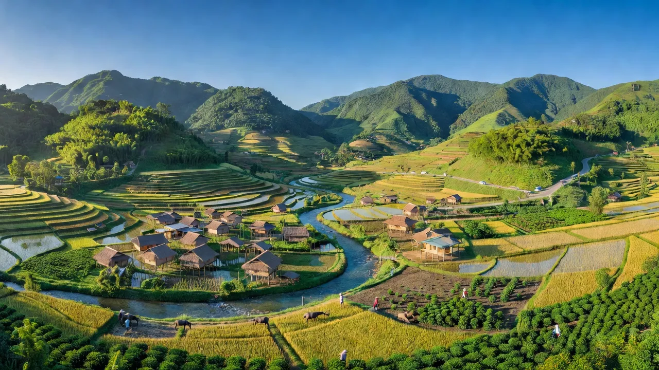 Khung cảnh huyện Phù Yên, Sơn La với núi non, sông Đà và làng quê xanh tươi.